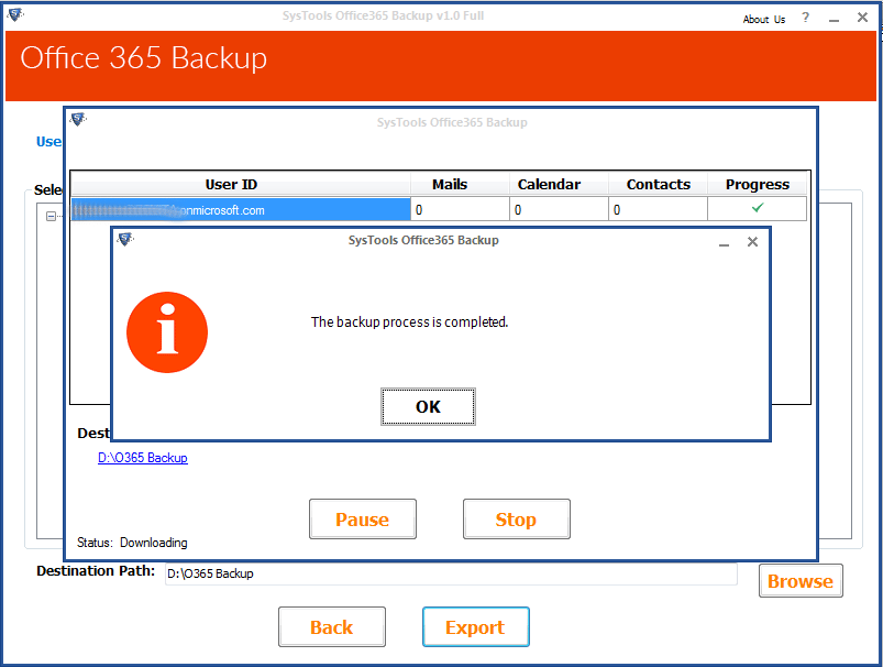 O365 backup mailbox process complete